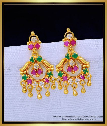 ERG1312 - South Indian New Pattern Daily Use Green and Pink Stone Earrings Design Online