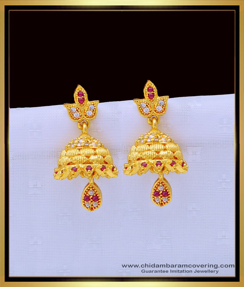 ERG1323 - First Quality White and Ruby Stone Jhumka Earrings One Gram Gold Jewellery