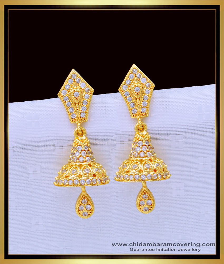 ERG1327 - One Gram Gold Jhumkas Design Full White Stone Jimiki Kammal Online 