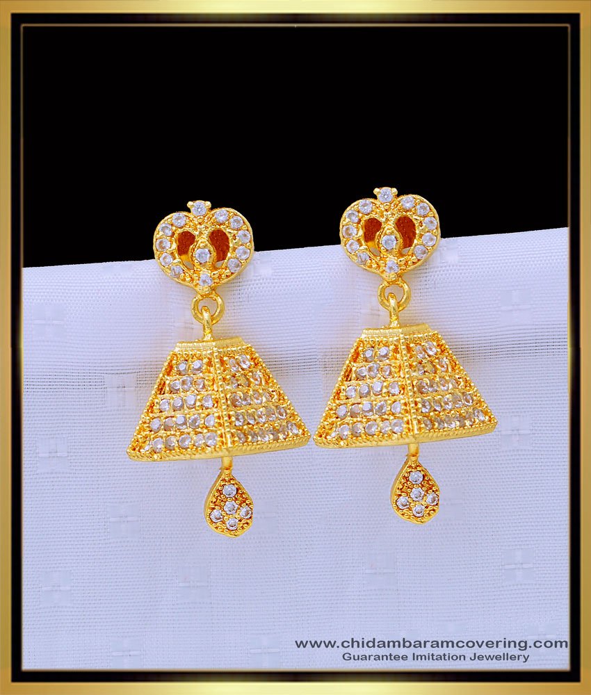 ERG1329 - Unique White Stone Jhumkas Design One Gram Gold Jewellery Online