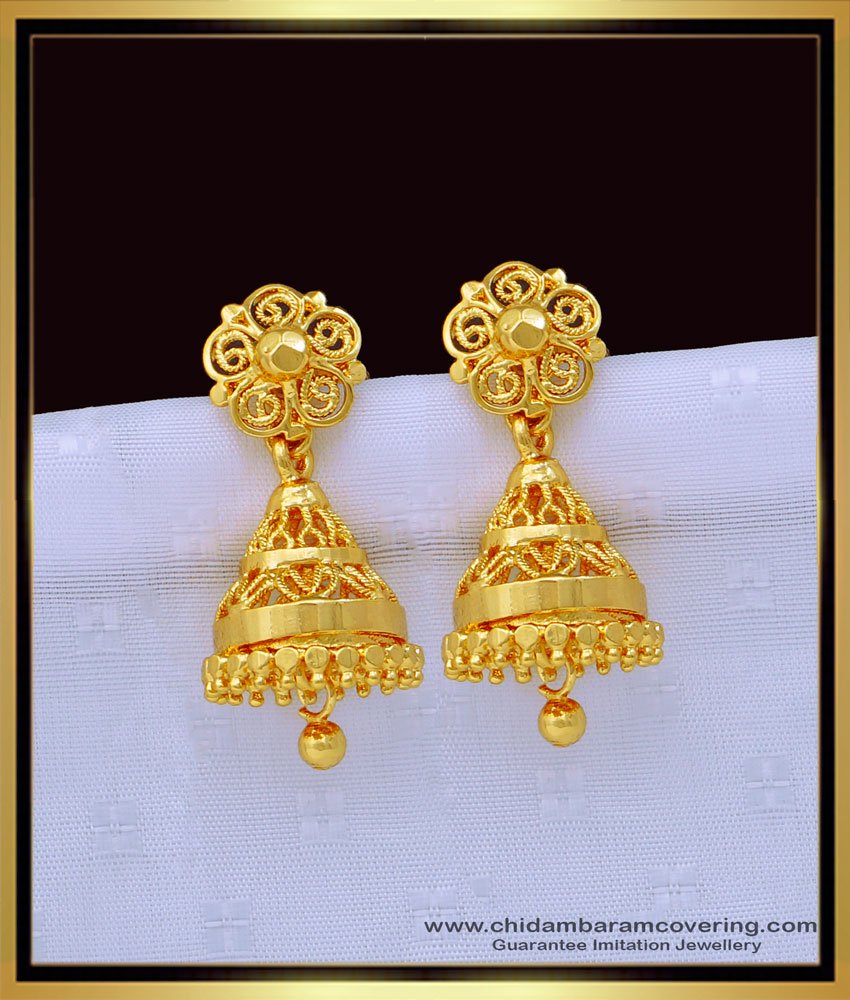 south indian earrings, gold puttalu, daily wear jimiki design, gold jimiki online, one gram gold puttalu, plain jimiki