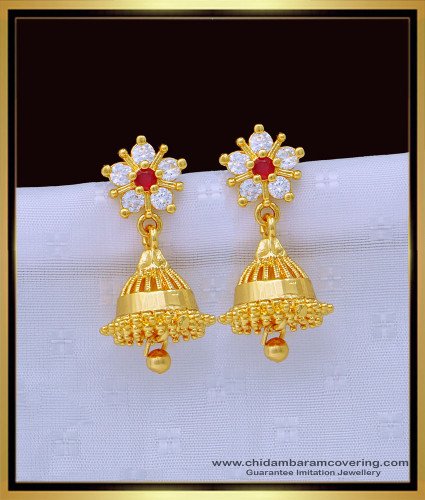 ERG1353 - Beautiful South Indian White and Ruby Stone Gold Covering Jhumkas for Women  