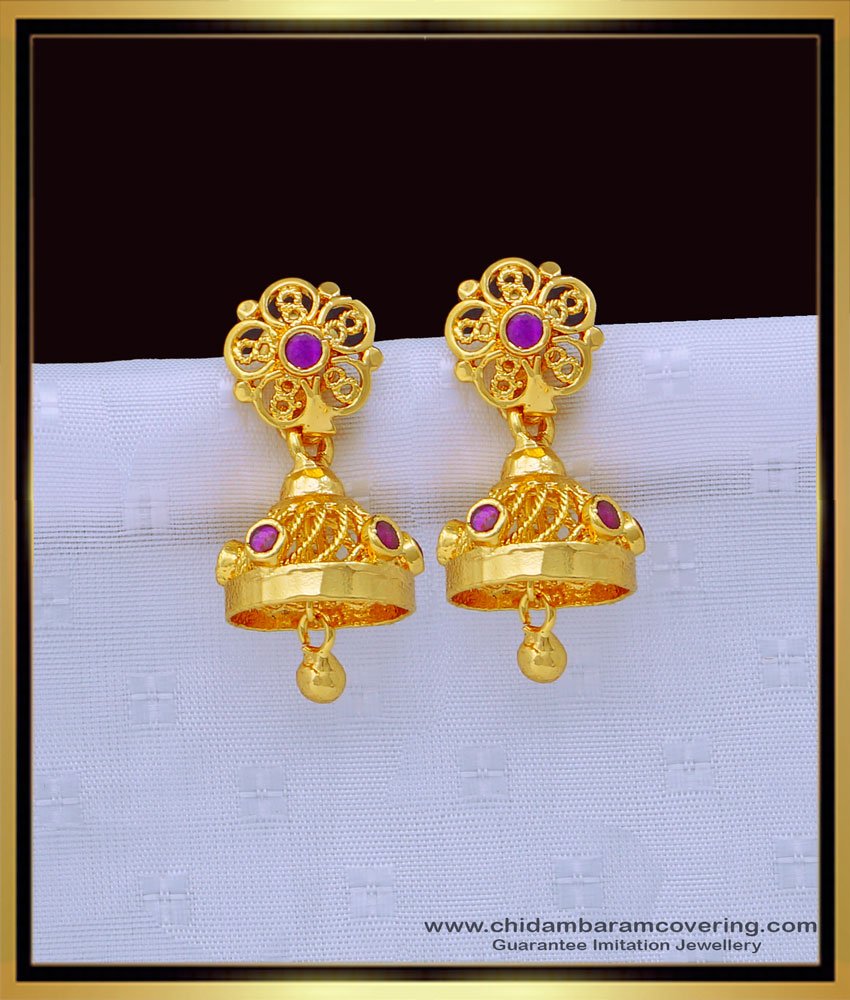 south indian earrings, gold puttalu, daily wear jimiki design, gold jimiki online, one gram gold puttalu, plain jimiki