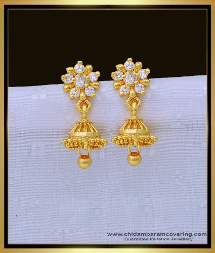 ERG1371 - Cute Small Jhumkas 1 Gram Gold White Stone Jimiki Kammal for School Girls 