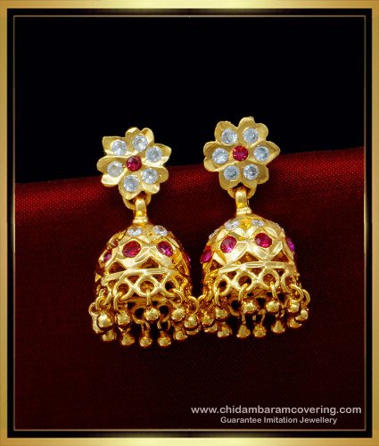 ERG1398 - First Quality Impon Jhumkas Earring One Gram Gold Plated Stone Jimiki