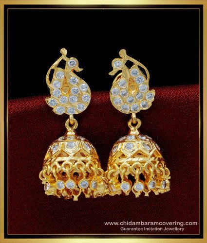 ERG1458 - Elegant Peacock Design White Stone Impon Jhumkas Earrings Design for Wedding