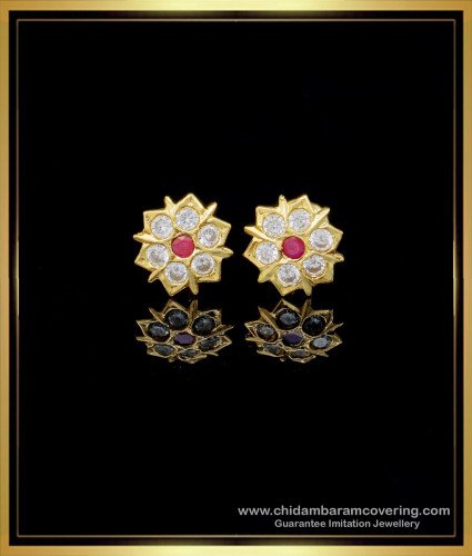 ERG1472 - Panchaloha Earrings Real Gold Design White and Ruby Impon Stone Earrings 