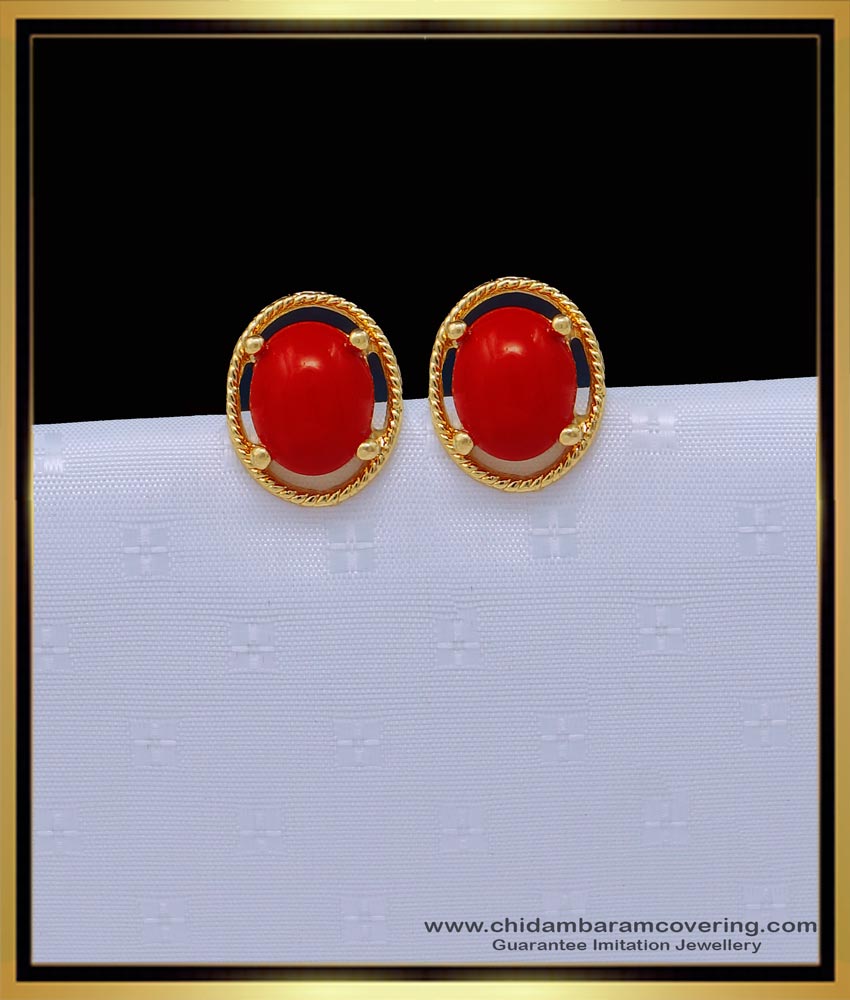 one gram gold jewellery, 1 gram gold jewelry, gold plated jewellery, stud earrings, red coral earrings gold, guaranteed earrings, chidambaram covering.com,  