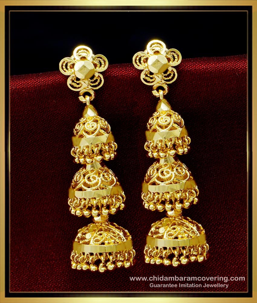 triple jhumka earrings gold, three layer jhumka earrings gold price, gold jhumka earrings with price, gold jhumka earrings online, triple jhumka earrings gold,