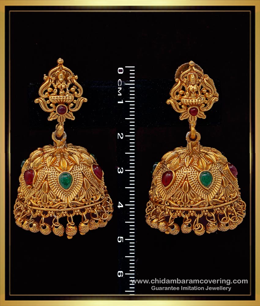 big jhumkas, designer jewellery, latest gold buttalu design, temple buttalu design, temple jhumkas earring, one gram gold jewellery online, nagas jhumkas,