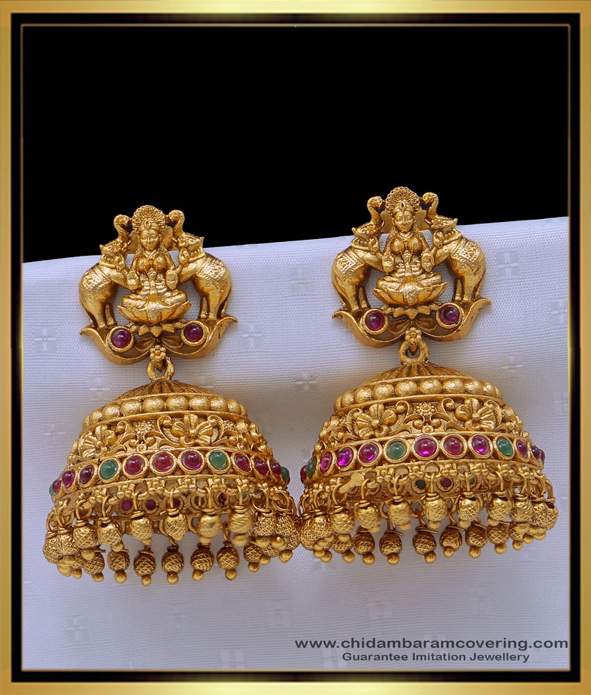 big jhumkas, designer jewellery, latest gold buttalu design, temple buttalu design, temple jhumkas earring, one gram gold jewellery online, nagas jhumkas,