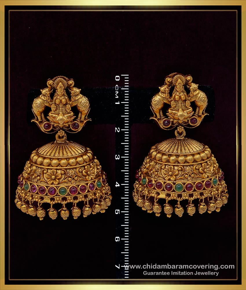 big jhumkas, designer jewellery, latest gold buttalu design, temple buttalu design, temple jhumkas earring, one gram gold jewellery online, nagas jhumkas,