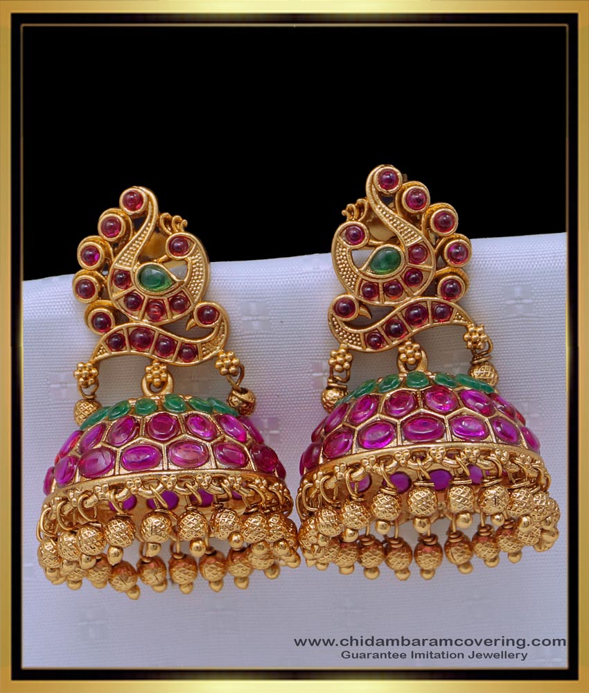 big jhumkas, designer jewellery, latest gold buttalu design, temple buttalu design, temple jhumkas earring, one gram gold jewellery online, nagas jhumkas,