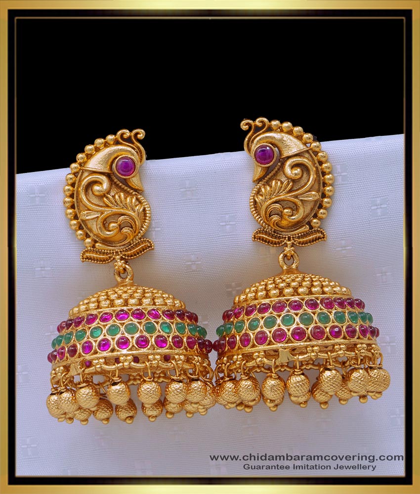 big jhumkas, designer jewellery, latest gold buttalu design, temple buttalu design, temple jhumkas earring, one gram gold jewellery online, nagas jhumkas,