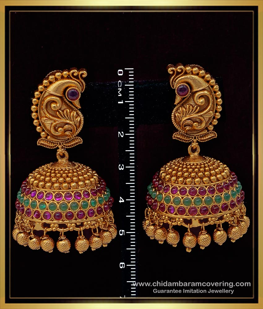 big jhumkas, designer jewellery, latest gold buttalu design, temple buttalu design, temple jhumkas earring, one gram gold jewellery online, nagas jhumkas,