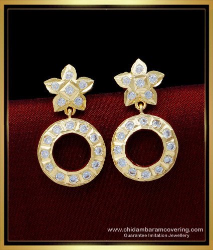 ERG1546 - Impon Gold Look Cute White Stone Circle Earrings Designs for Daily Use 