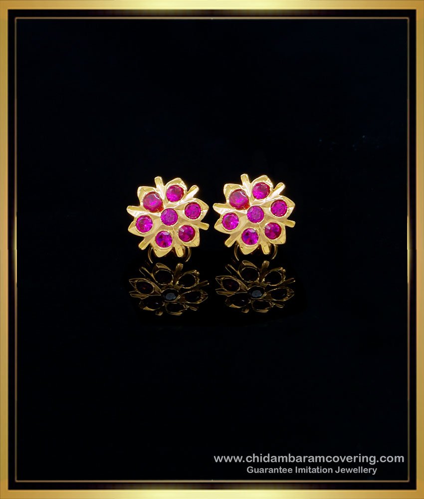 ruby earrings, impon earrings, gold earrings for daily use, impon 5 metal jewellery, Impon kammal, Impon stud Earrings, Panchaloha Earrings, impon kammal price, Impon earrings designs, emerald earrings, green stone earrings, 