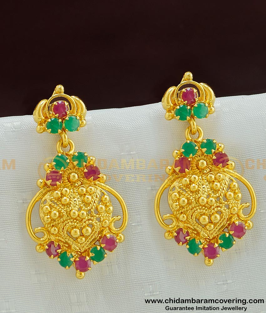 ERG488 - Bridal Wear Ruby Emerald Gold Dangle Earring for Female