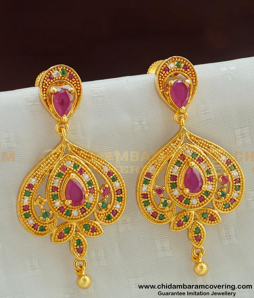 ERG504 - Latest Fashion Bridal Wear Ad Atone Earring Gold Plated Dangle Online