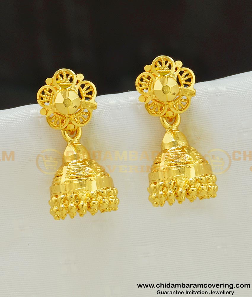 jhumka latest design of gold earrings, gold plated jhumkas, stylish bridal gold jhumka design, gold jhumka new design, jimikki kammal, bridal heavy gold jhumka design, artificial jhumkas, buttalu designs