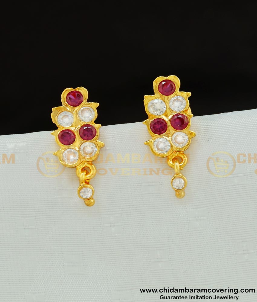 ERG570 - Impon Pink and White Stone Daily Wear Stud Designs One Gram Gold Earrings Online