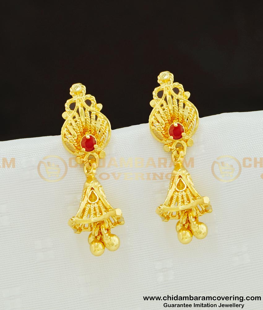 ERG616 - South Indian Style Ruby Stone Gold Design Jhumka Earrings Online