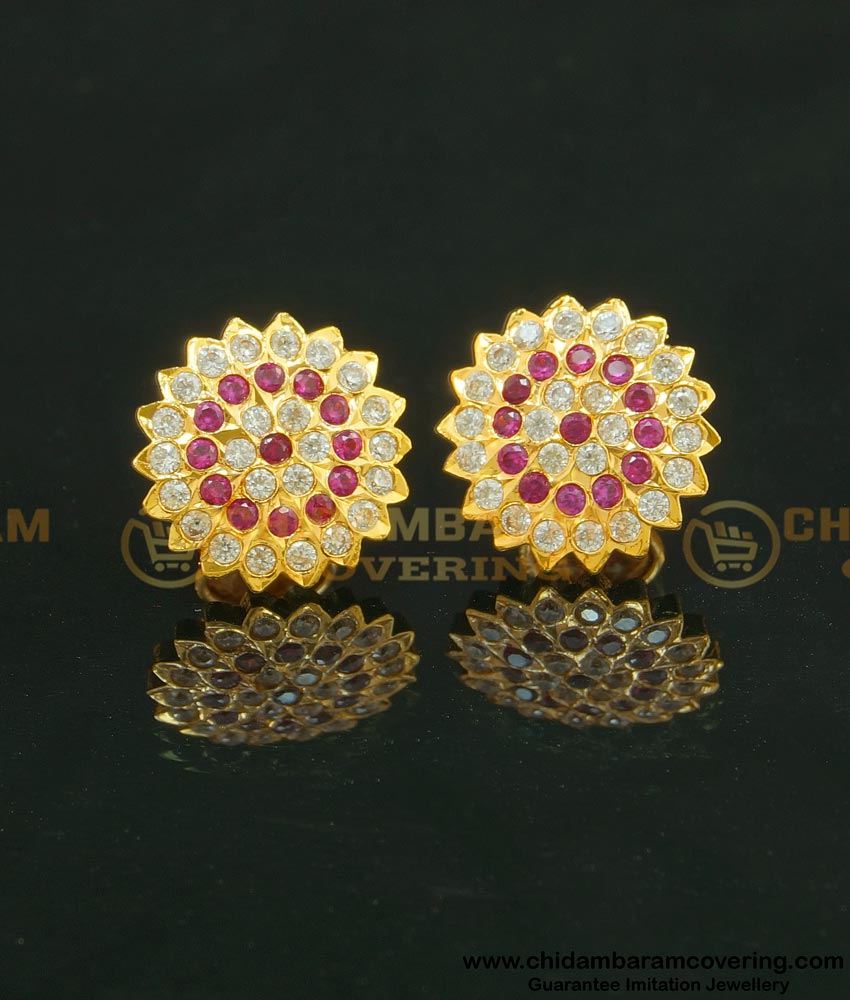 ERG631 - Trendy Impon Ruby and American Diamond Stone Ear Studs Guaranteed Earrings 