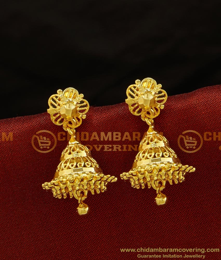 gold plated jhumkas, stylish bridal gold jhumka design, gold jhumka new design, jimikki kammal, bridal heavy gold jhumka design, artificial jhumkas, buttalu designs