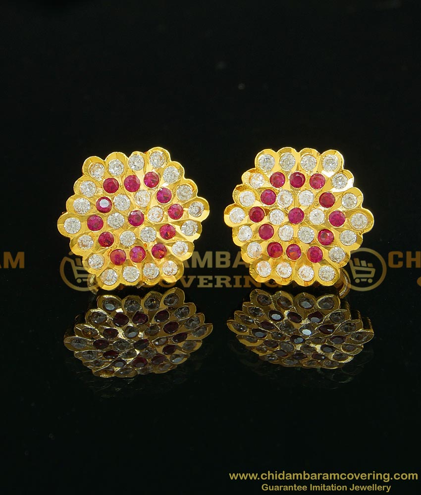 ERG742 - Panchaloha Traditional Flower Design Full Stone Hexagon Earring Studs Online