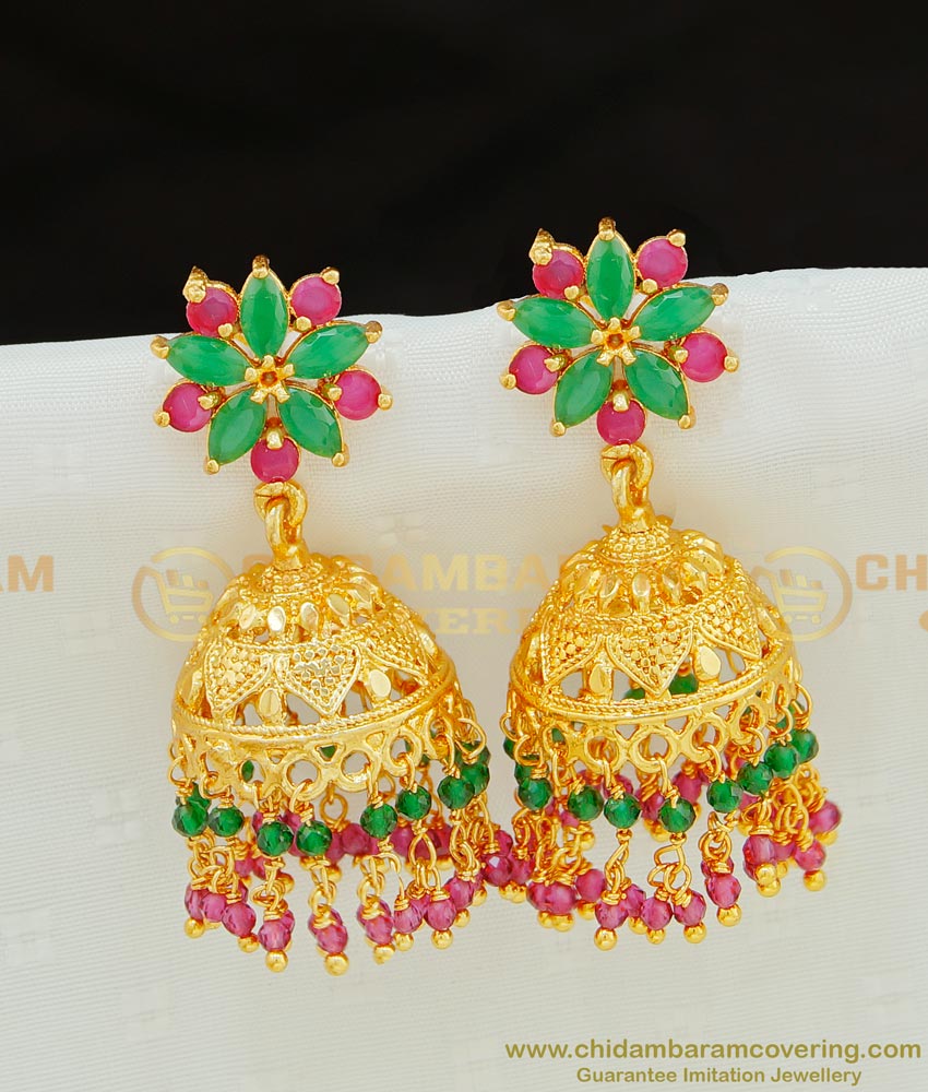 ERG769 - Latest Gold Plated Swarovski Beads Green And Pink Stone Jhumkas 1 Gram Jewellery