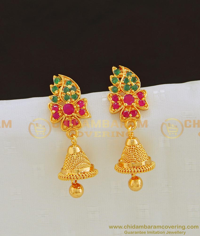 ERG786 - Latest Gold Plated Ruby Emerald Stone Designer Jumki Earring Buy Online Shopping