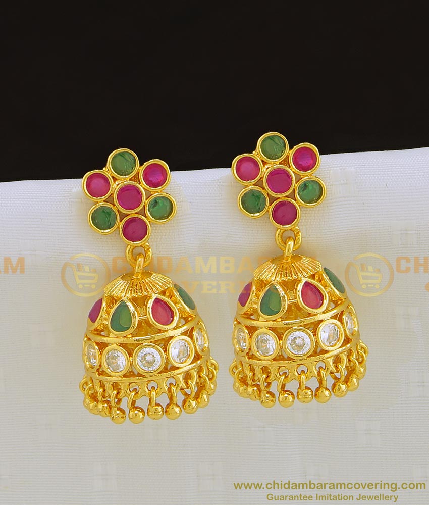 gold plated jhumkas, stylish bridal gold jhumka design, gold jhumka new design, jimikki kammal, bridal heavy gold jhumka design, artificial jhumkas, buttalu designs