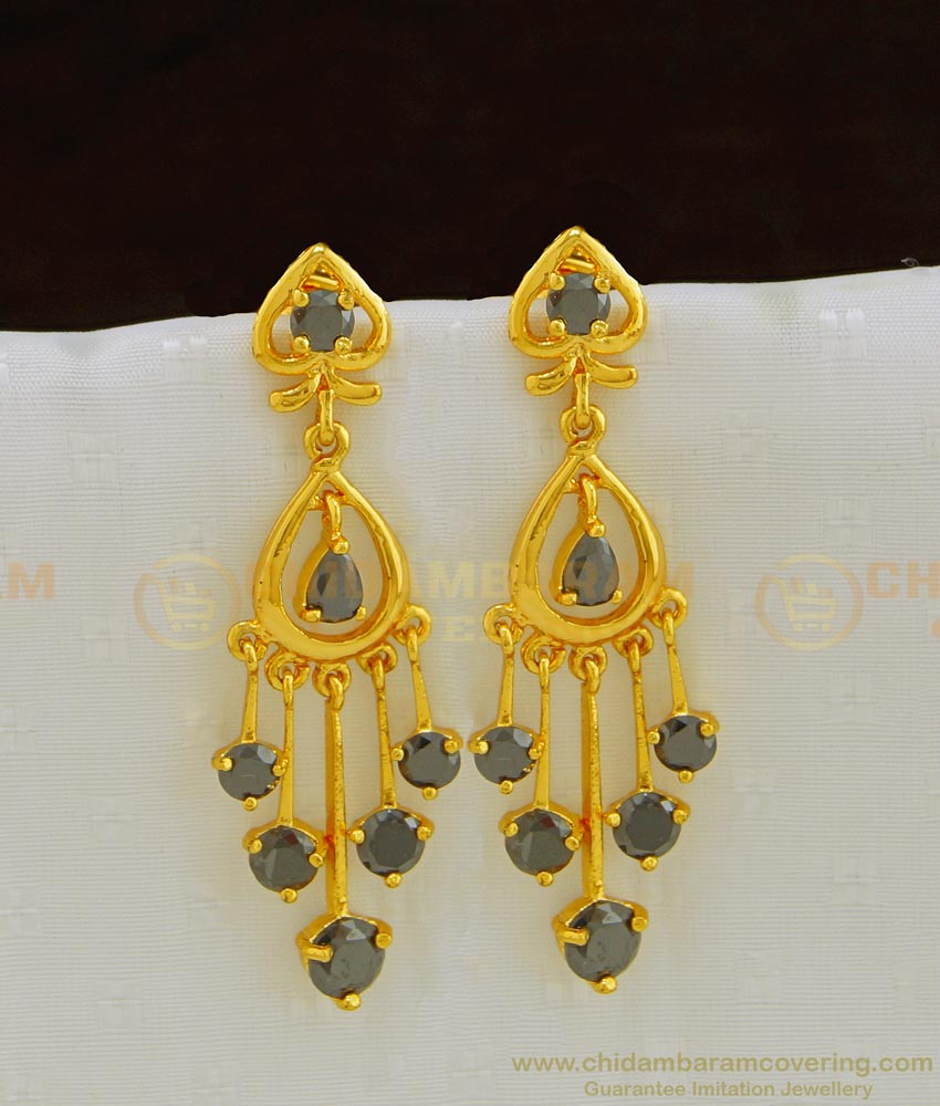 ERG798 - Elegant American Diamond Black Stone Long Designer Gold Plated Earrings for Girls