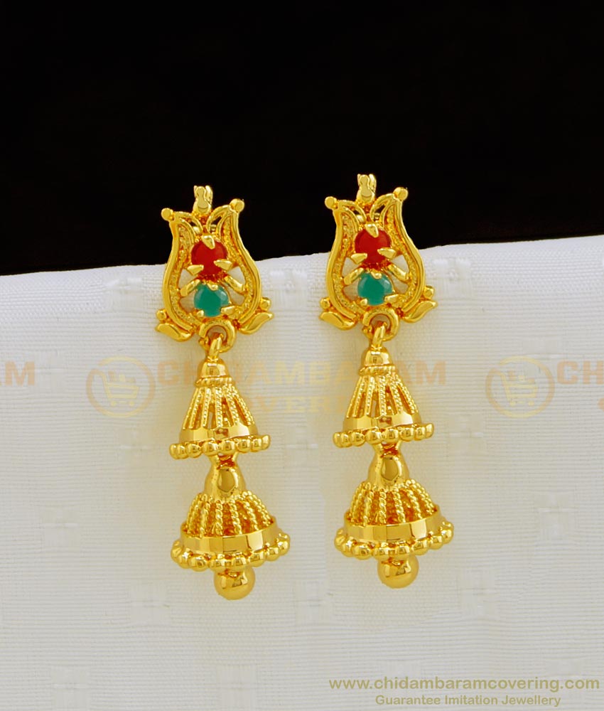 ERG799 - Latest Gold Plated Ruby Emerald Stone Gold Design Double Layer Jhumkas Earring Designs 