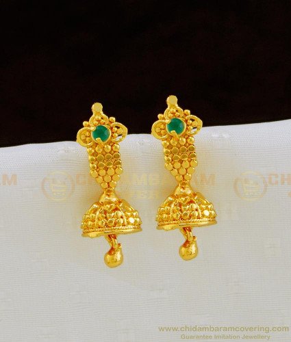 ERG800 - Unique Gold Plated Green Emerald Stone Gold Design Small Jhumkas Earring Online