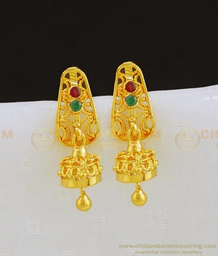 ERG801 - Gold Plated Red and Green Stone Gold Design Small Jhumkas Earring for Women