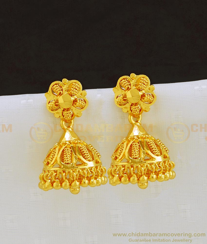  Jimikki Kammel,bridal heavy gold jhumka design, gold like design, light weight earrings design, New Jimikki Kammel Design,butta kammalu, bridal heavy gold jhumka design, artificial jhumkas, ruby jhumkas