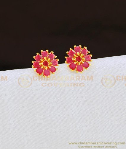 ERG831 - Beautiful Flower Design Ruby Stone Studs One Gram Gold Jewellery Online