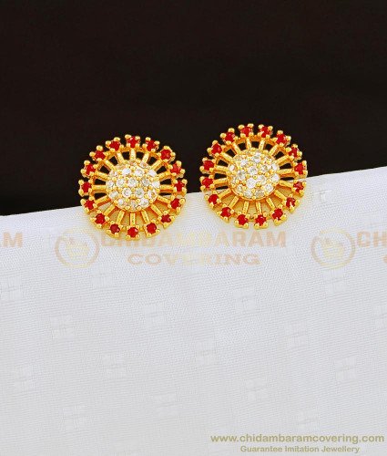 ERG832 - One Gram Gold White and Ruby Stone Flower Design Stud Stone Earring Buy Online