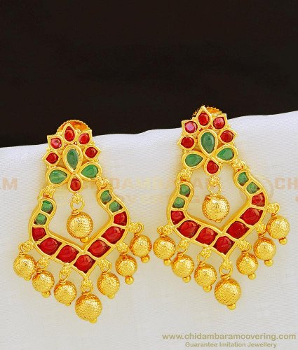 ERG845 - Beautiful Real Kemp Stone Chandbali Earrings Gold Plated Danglers for Wedding