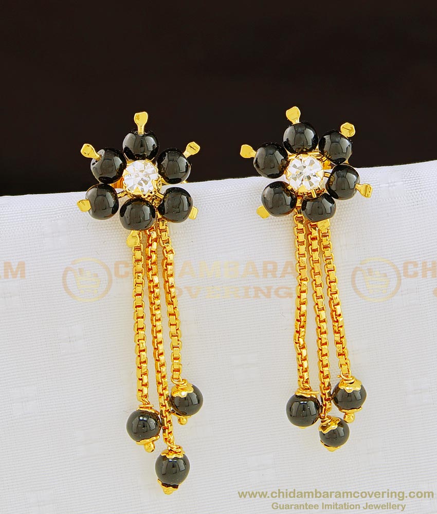 ERG852 - One Gram Gold Flower Design Black beads 3 Line Earring Hanging Beads Earrings for Girls