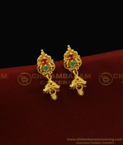 ERG922 - Unique Gold Plated Green Emerald Stone Small Jhumkas Earring Online