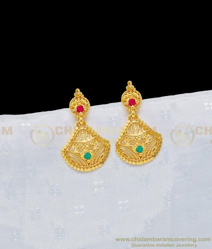 ERG937 - Small Size Light Weight Ruby Emerald Daily Use 1 Gram Gold Earrings for School Girls