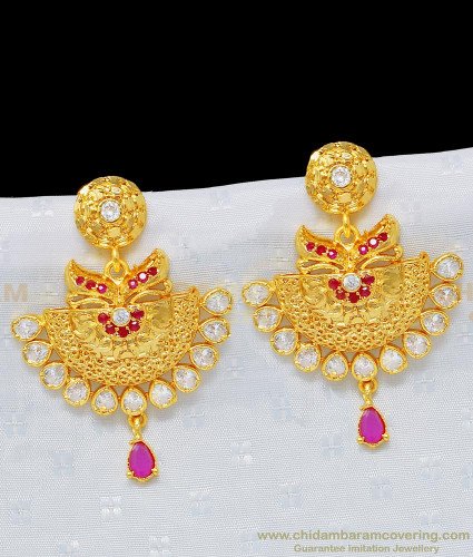 ERG953 - Attractive Ruby and White Stone High Quality Forming Gold Earring 1 Gram Gold Forming Jewellery