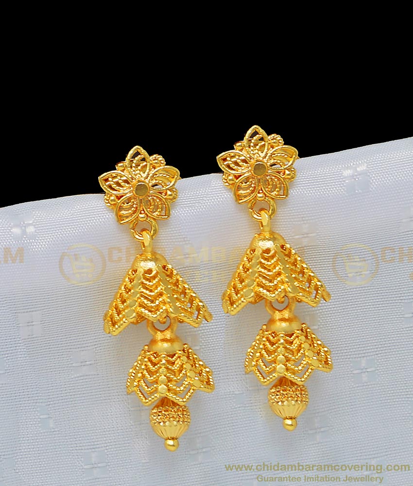 gold plated 3 line jhumkas,4 line jhumkas