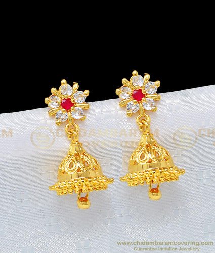 ERG977 - Traditional South Indian White and Ruby Ad Stone Jhumkas for Women