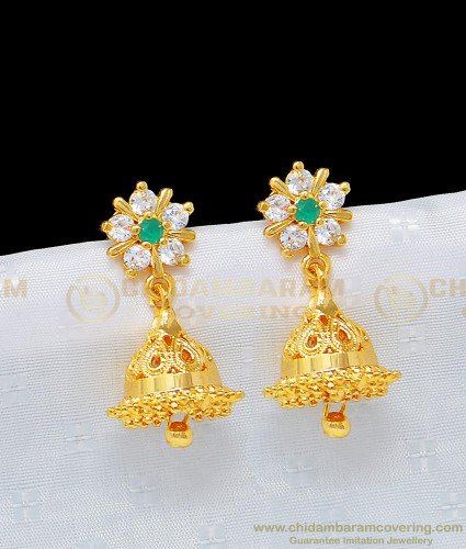 ERG978 - Traditional Jhumkas White and Emerald Stone Flower Design 1 Gram Gold Jimiki for Women