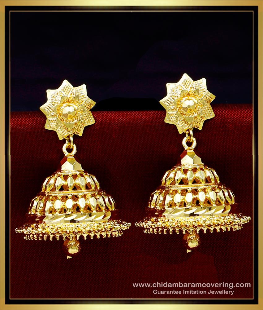 jhumka design gold earrings, traditional jhumkas online, 1 gram gold earrings online, gold plated jhumka earrings, jimikki kammal designs, bridal jhumkas online shoppin