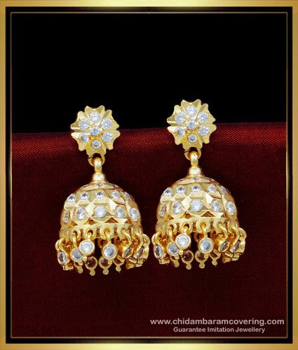 ERG1698 - First Quality White Stone Impon Jhumkas Earrings for Wedding