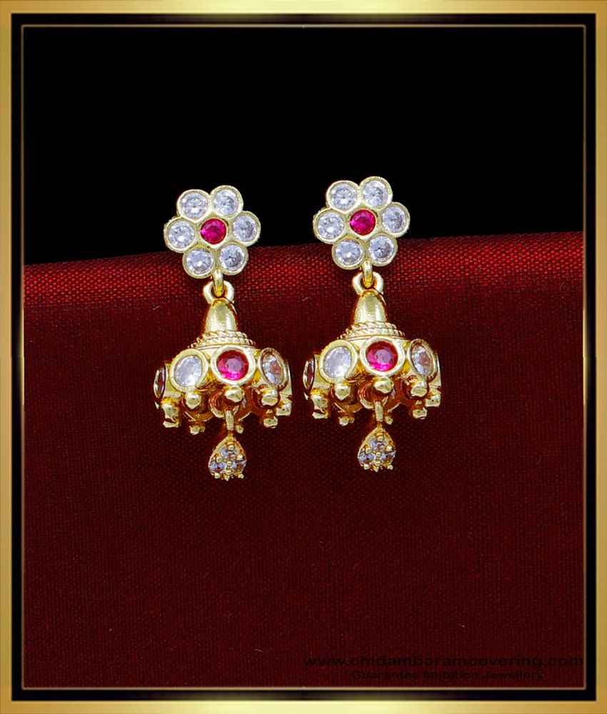 impon jhumkas, Impon jhumkas gold plated, Impon jhumkas gold, stone earrings design, stone jhumka earrings, white stone jhumka earrings